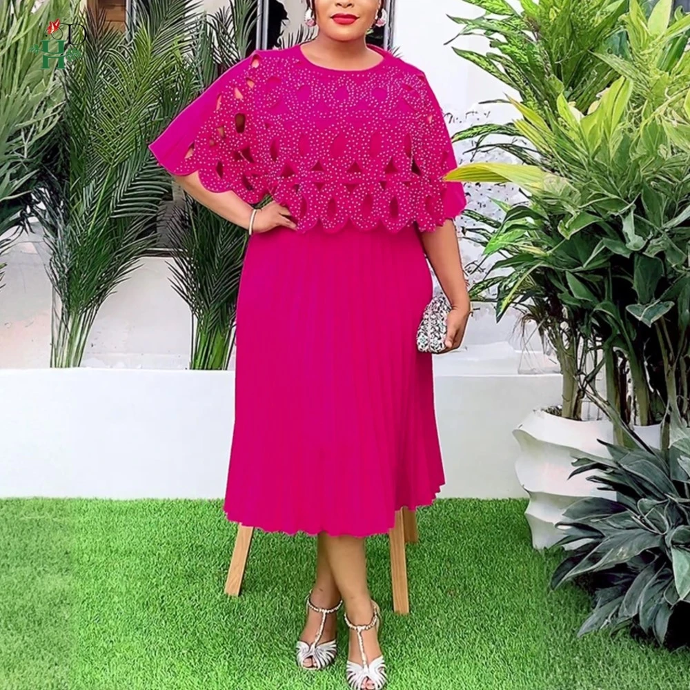 

H&D 2025 Plus Size African Dress For Women New Fashion Wedding Party Dinner Gown Diamond Mini Bubu Elegant Turkey Pleated Dress
