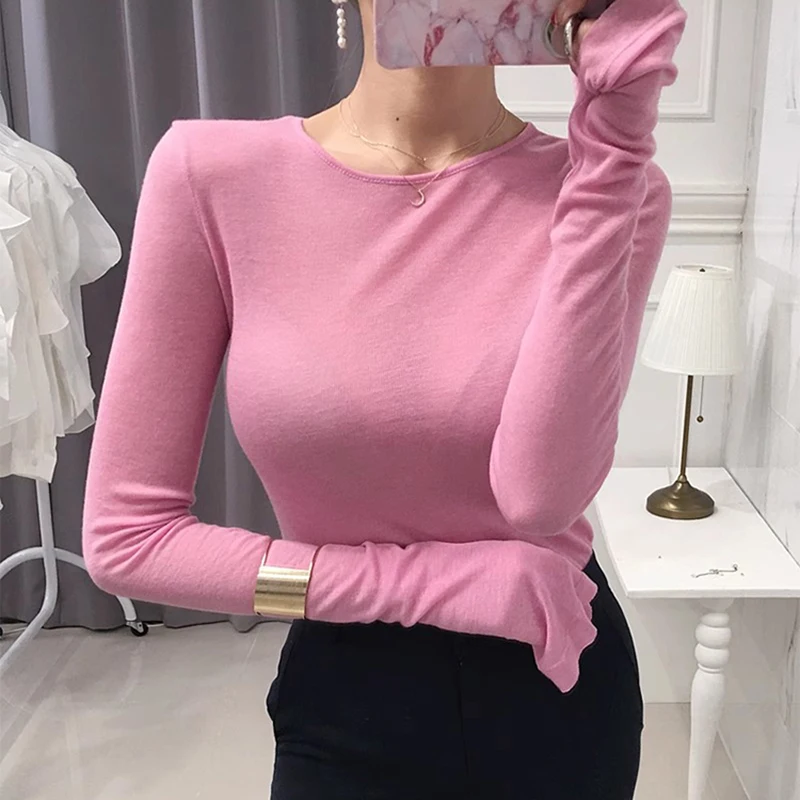 Sexy Shirt Women T-Shirt Long Sleeve Korean Style Slim Basic Elasticity Tshirt Top Womens Clothing T Shirt Femme