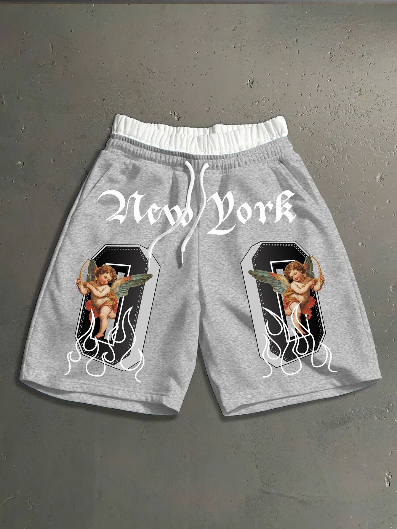 Streetwear Brand New York - กางเกงขาสั้นสตรีทแวร์ผู้ชายแบรนด์นิวยอร์กแองเจิล 00 ลายพิมพ์เปลวไฟโพลีเอสเตอร์สีดำเอวคู่กางเกงขาสั้นลำลอง S-2XL ทุกขนาด 1