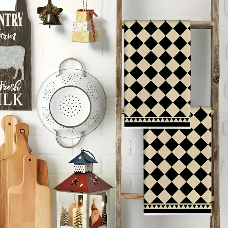 Cleaning Cloth 2PCs kitchen towels, black and cream diamond print with border print