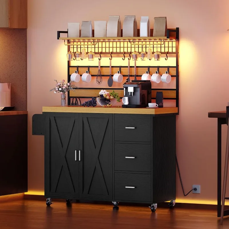 رف الخبازين مع مخرج طاقة وإضاءة LED، حامل ميكروويف مقاس 53 بوصة مع خزانة تخزين وعداد سميك، بيت المزرعة