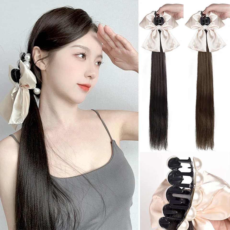 

BEAUTYENTER Synthetic Bow Ponytail Wig Women's Claw Clip High Ponytail Straight Hair Natural New Chinese Style Braid Ponytail