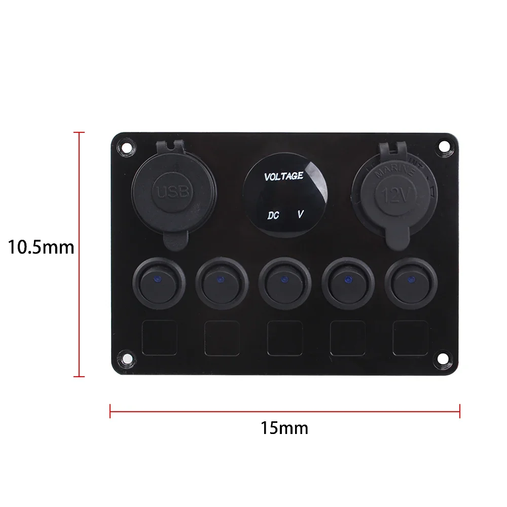 Boat Switch Panel Car Switch Panel Waterproof Digital Voltmeter Dual USB Port 12V Outlet Combination Marine LED Rocker 5 Gang