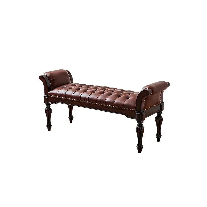 

American solid wood leather bedside stool all solid wood gold silk teak first layer oil wax leather living room bench