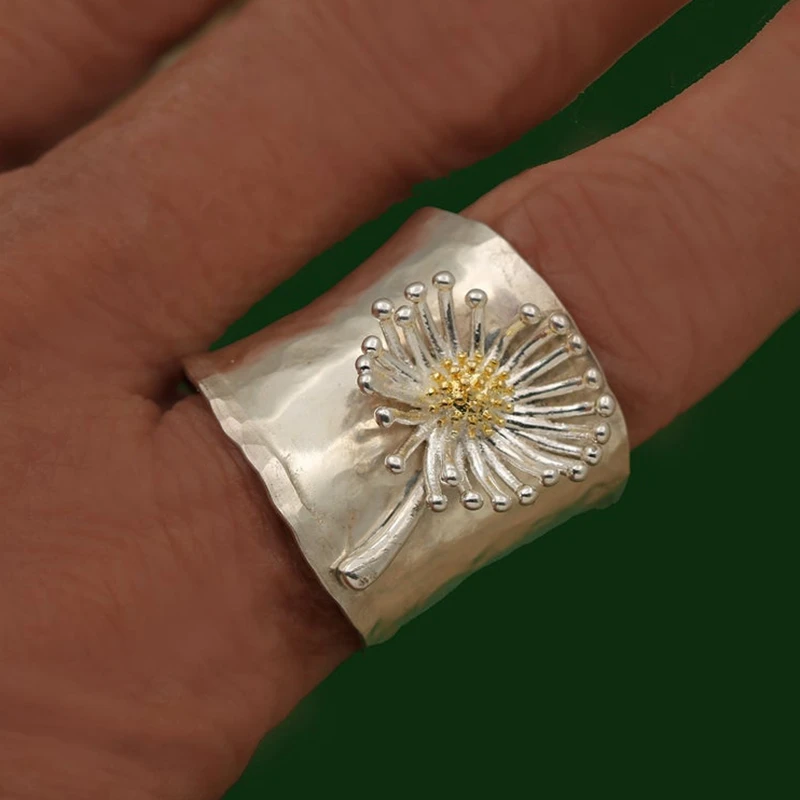 Vintage Engraving Dandelion Flower Wide Silver Color Ring for Womens Collection Antique Rings Fashion Jewelry Anillo De Mujer