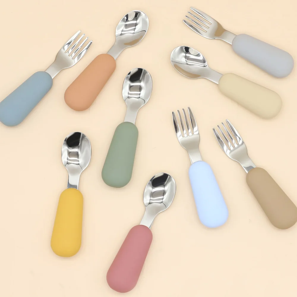 Amazon Hot Sale Food Grade Safety Eco-friendly  Stainless steel Spoon Fork Set Silicone Baby Spoon Fork Set For Training