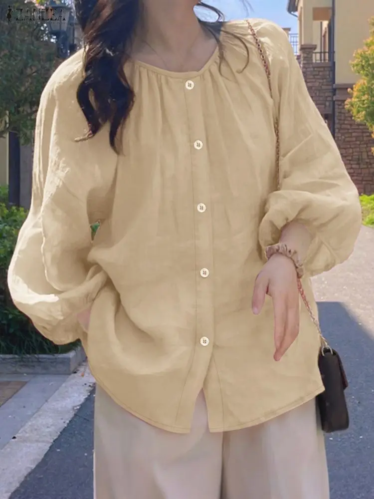 بلوزات نسائية غير رسمية بأكمام واسعة من ZANZEA لخريف 2025 برقبة دائرية وأزرار حتى بلون سادة قمصان فضفاضة موضة الدوبامين الكورية