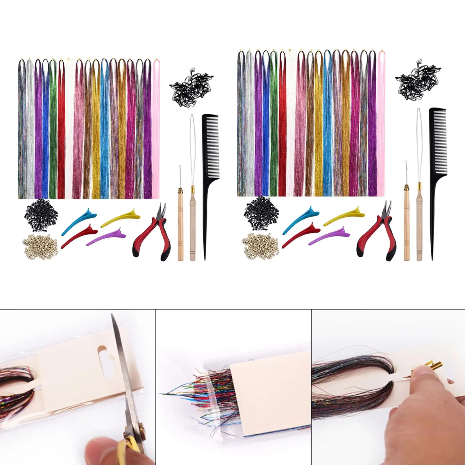 Kit d'extension de cheveux à paillettes, 12 couleurs, avec outils, 2400 mèches