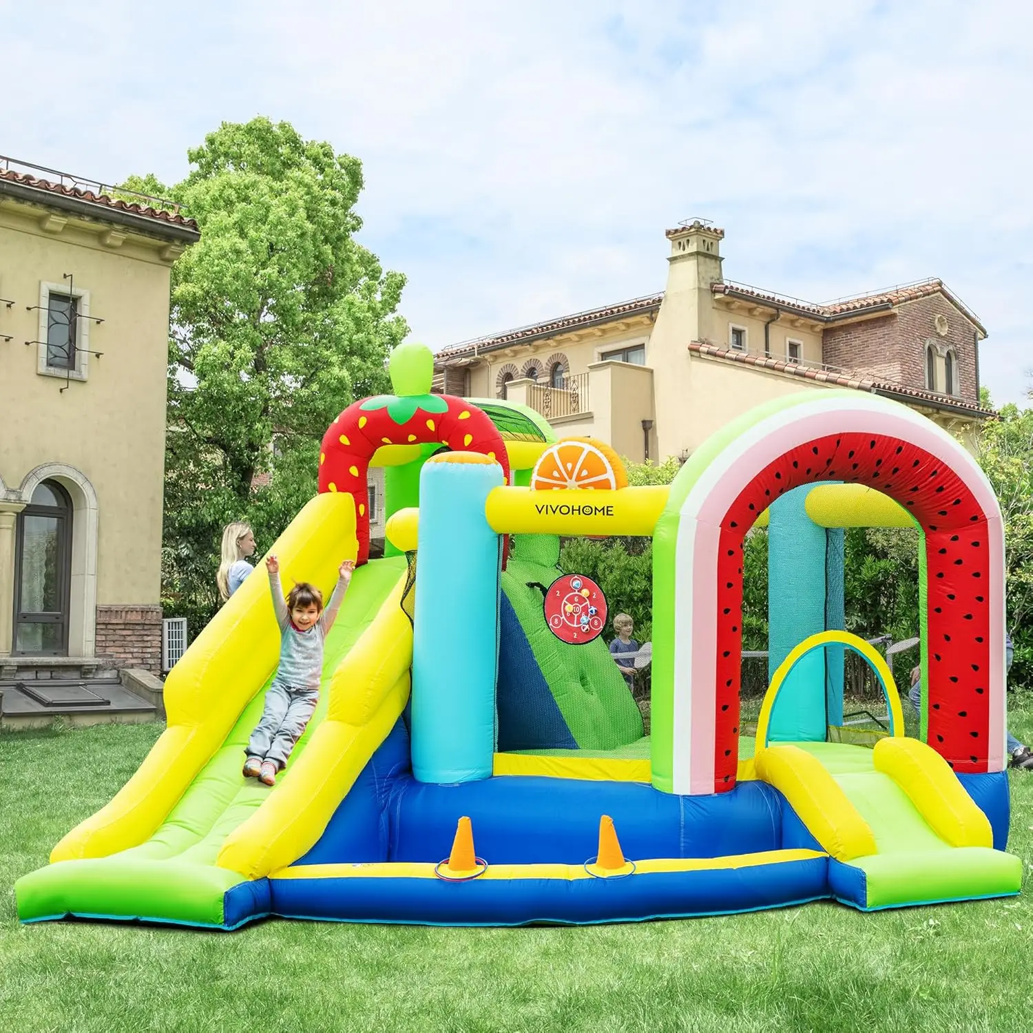 7 in 1 Bounce House for Kids, Fruit Theme Inflatable Bouncy Castle with Slide, 12x12 FT Inflated Bouncer for Outdoor with Blower