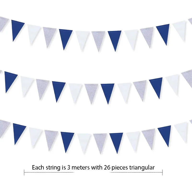 4Pcs Navy Blue White Giltter Silver Paper Triangle Flags Banner Garlands Backdrops for New Year Birthday Graduation Decorations