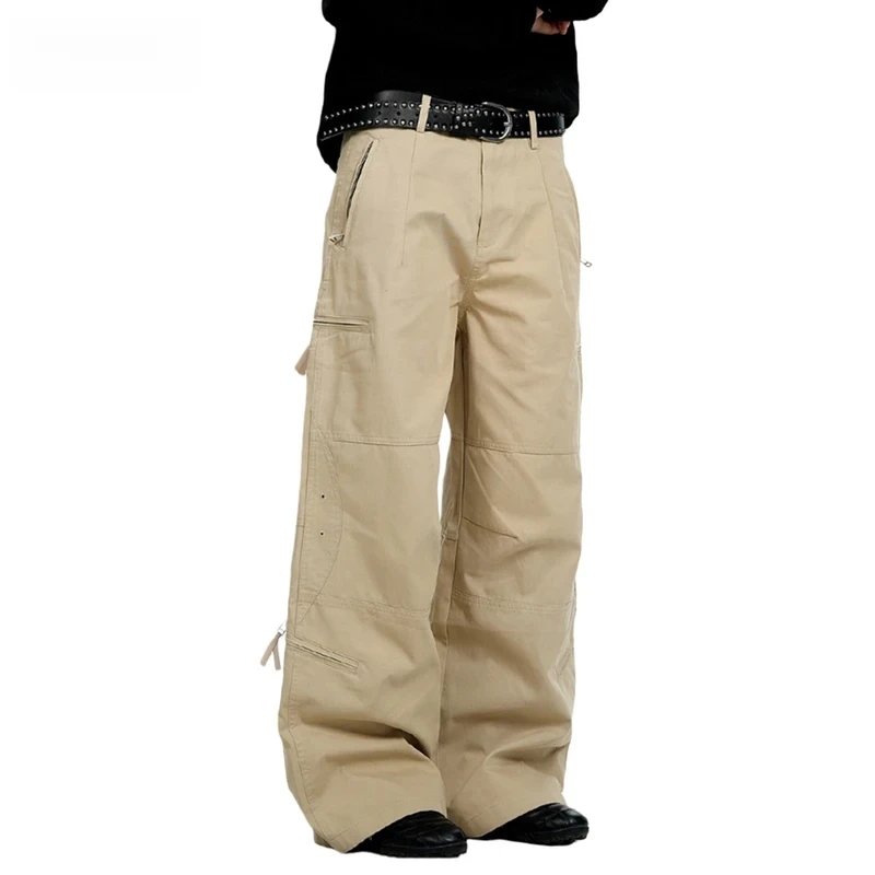 سستة متعددة جيب البضائع السراويل الرجال بلون عارضة الرجعية مستقيم واسعة الساق السراويل الفضفاضة رجل #1