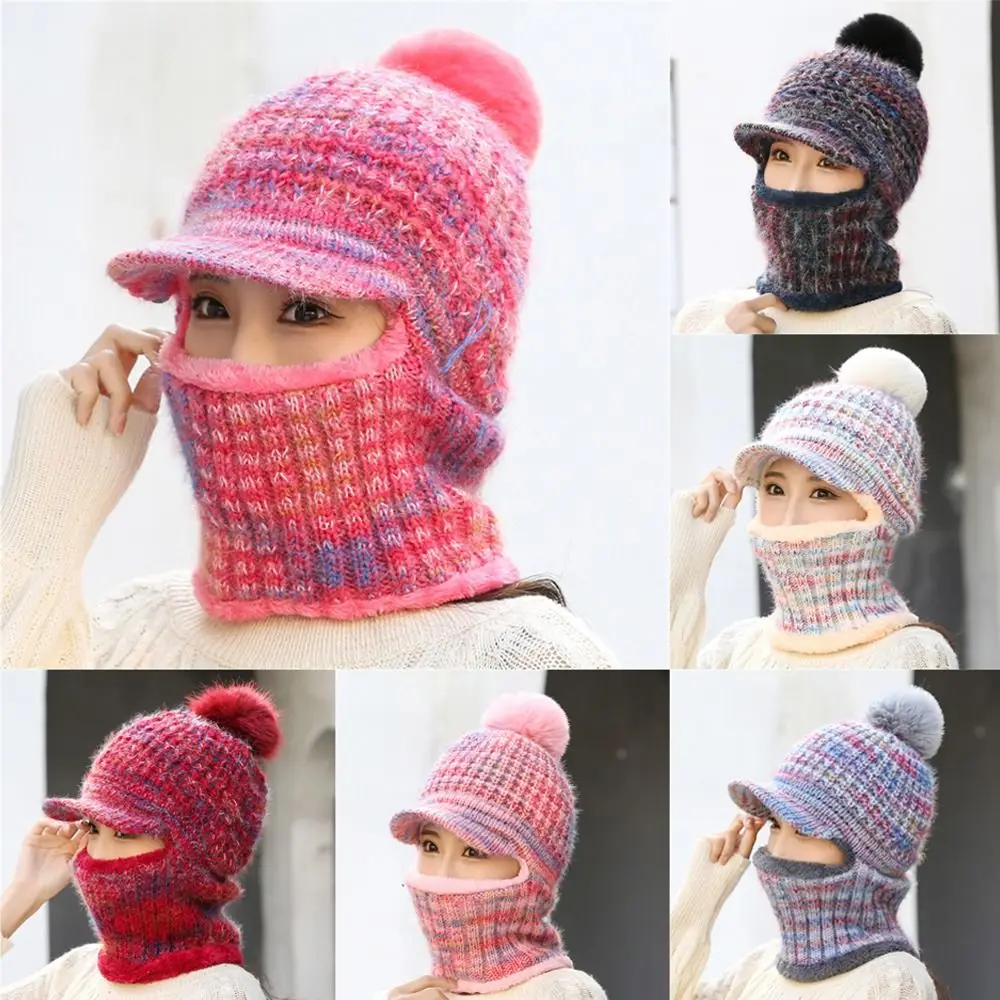 

Casual Thicken Women Knitted Hat Keep Warm Windproof Scarf Hat Sets Winter Outdoor Ski Balaclava Pompoms Hat