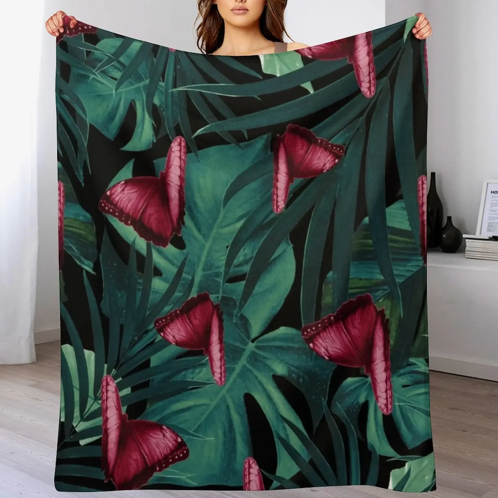 

Tropical Butterfly Jungle Night Leaves Pattern #3 #tropical #decor #art Throw Blanket Moving Bed covers Blankets