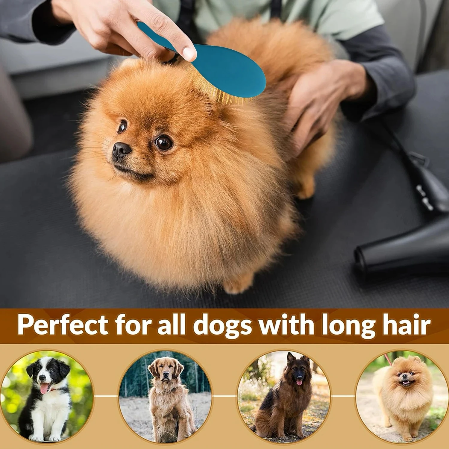 Pet Grooming Detangler Pin Dog Brush for Shedding & Removing Loose Fur, Lightweight with Gold Plated Pins for short Long Hair