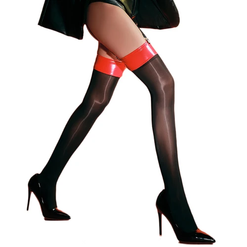 Imagen 2 del producto Medias altas brillantes de aceite liso 8D para mujer, medias sexis brillantes Vintage para sirvienta, medias elásticas moldeadoras de PU con retales por encima de la rodilla