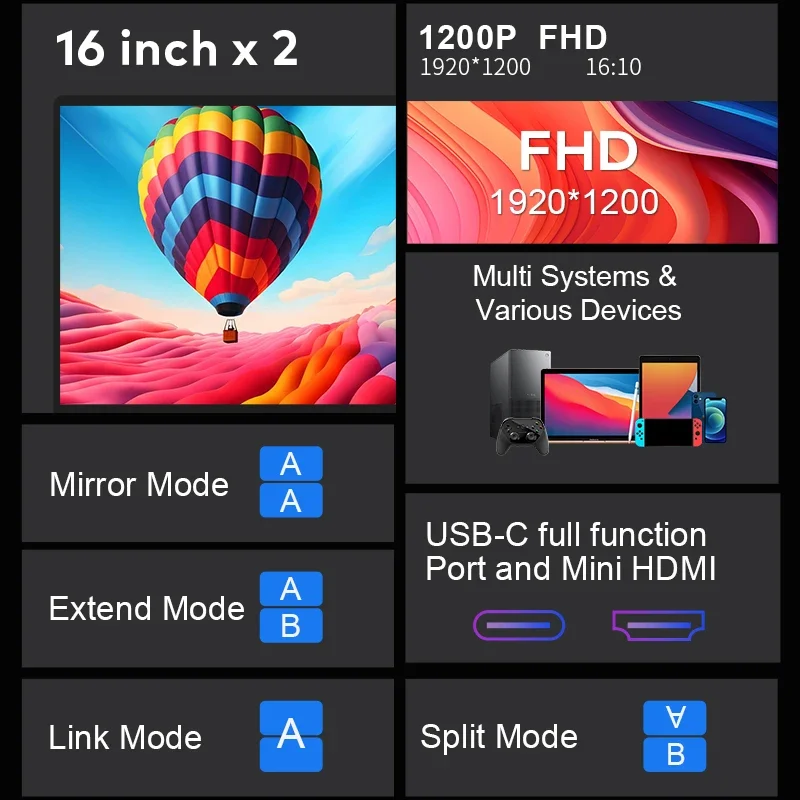 2026 Foldable Design 16 Inch Dual Screen Portable Monitor 1920*1200 High Resolution Laptop Screen Extender Multi Displays Plug &