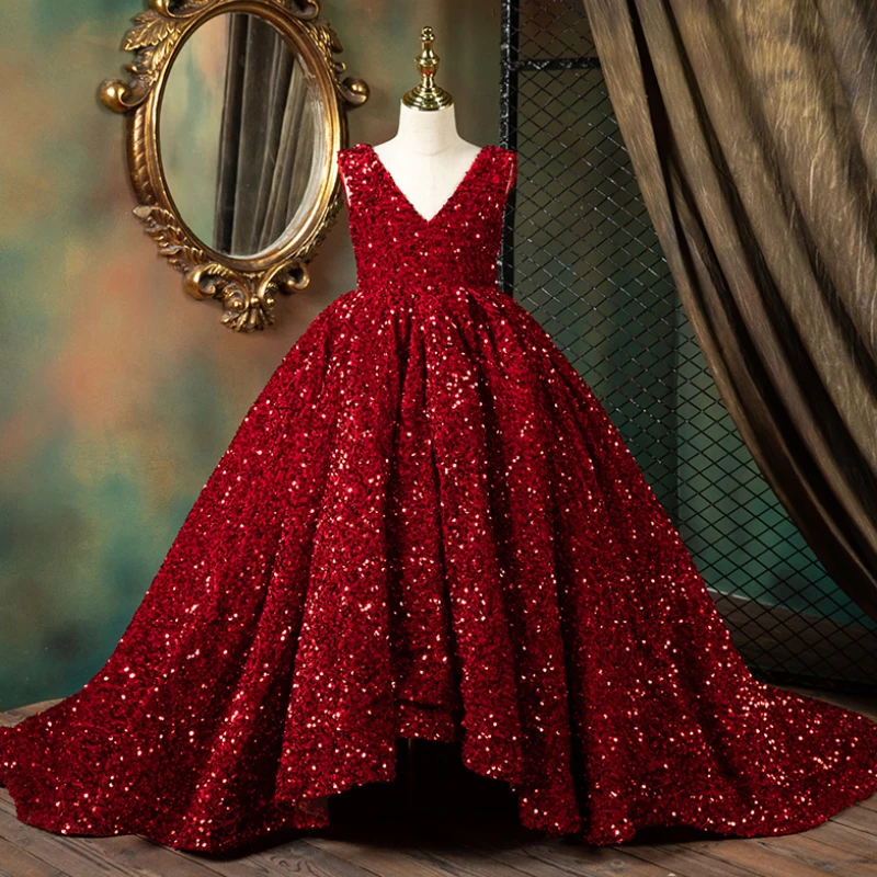 Wine Red Shining Flower Girls Sequin Dresses Long Glitz Pageant Formal Fluffy Party Ball Gown Wedding Luxury Mermaid Dress Prom