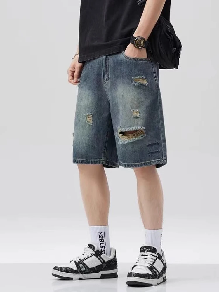 

Летние тонкие винтажные мужские джинсы свободного кроя с широкими штанинами, вышивкой, повседневные, прямого кроя, со средней посадкой, длина до колена...