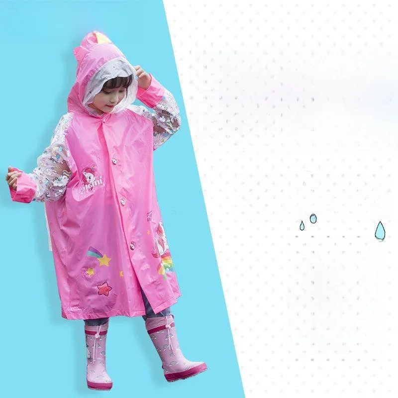 

Детский дождевик для прогулок на улице с капюшоном, школьный дождевик с карманом, мультяшный дизайн, однослойный, полиэстер