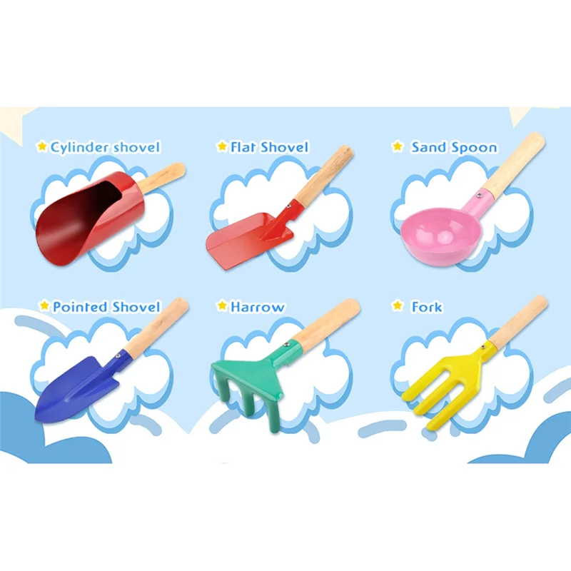 B49B-ガーデニングセット 金属製ガーデンツール 頑丈な木製ハンドル付き、安全な子供用シャベル（シリンダー付き）、スプーン、フォーク、熊手