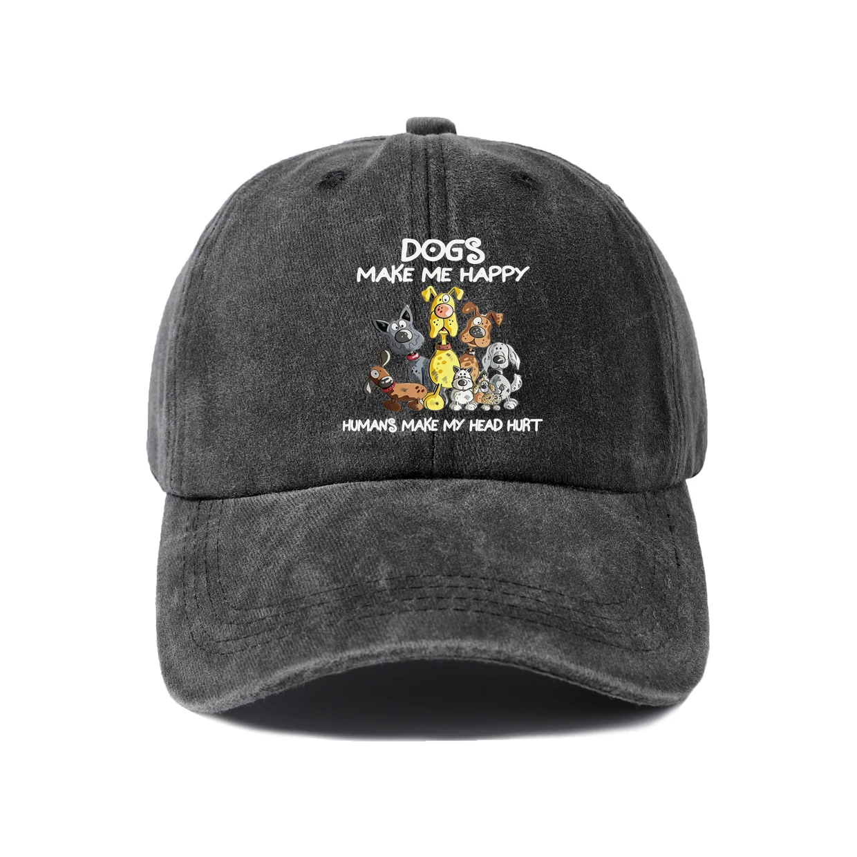 Dogs Make Me Happy Funny Dog Group Quote Graphic Vintage Washed Baseball Cap, Adjustable Unisex Dad Hat, Casual Gift