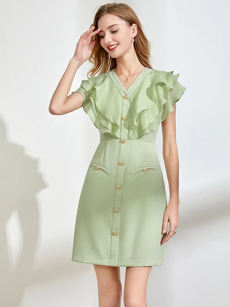 

Ele High-Waisted A-Line Dr with Pleated Hemline And Button Detail South Rose Premium Polyester Fiber Summer Commute