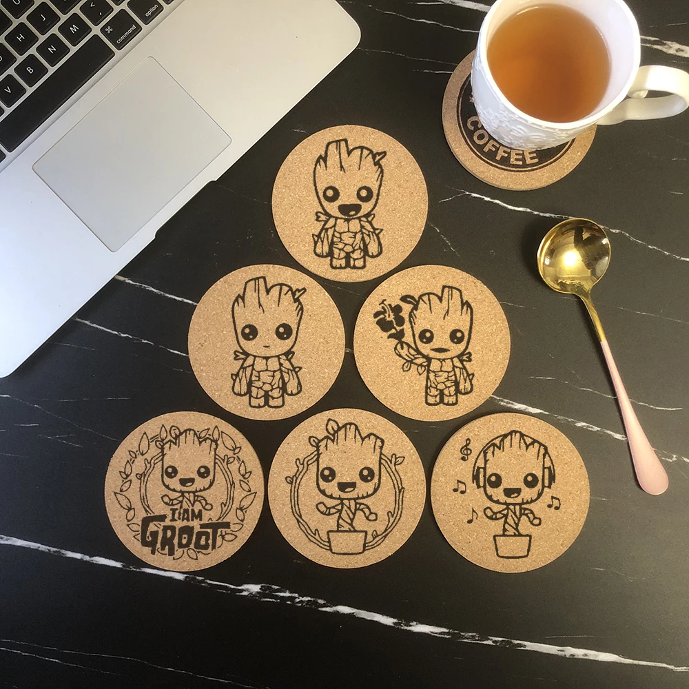 Cork Coaster Engraved Tree Man Design Tea Coffee Mug Drinks Holder for Kitchen Natural Wooden Mat Tableware Round Drink Coaster