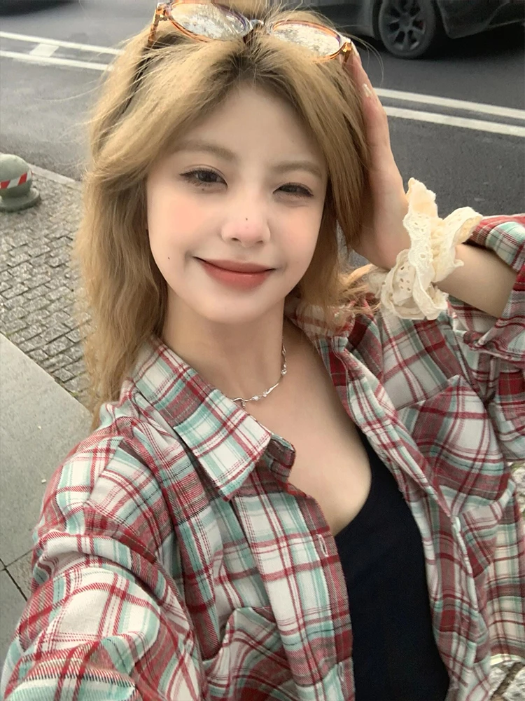 

Retro American Plaid Long Sve Women's irt Summer 2024 New Thin Casual Sun Protection High-End Feeling Outerwear