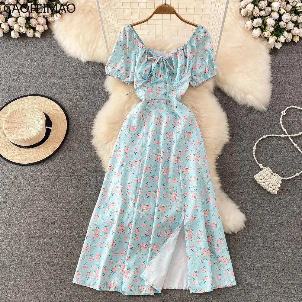 Letnia sukienka w stylu vintage Niebieski kwiatowy letni rękaw bąbelkowy Wiązane seksowne sukienki damskie A-line Print Split Długa sukienka Eleganckie kamizelki