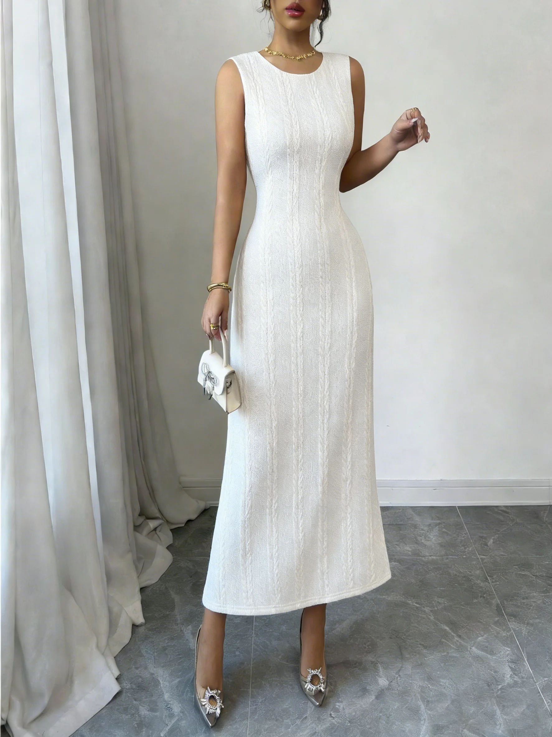 [Minimalistisch] Weißes Strukturiertes Strick-Bodycon-Minikleid, Elegantes Cocktailparty-Kleid