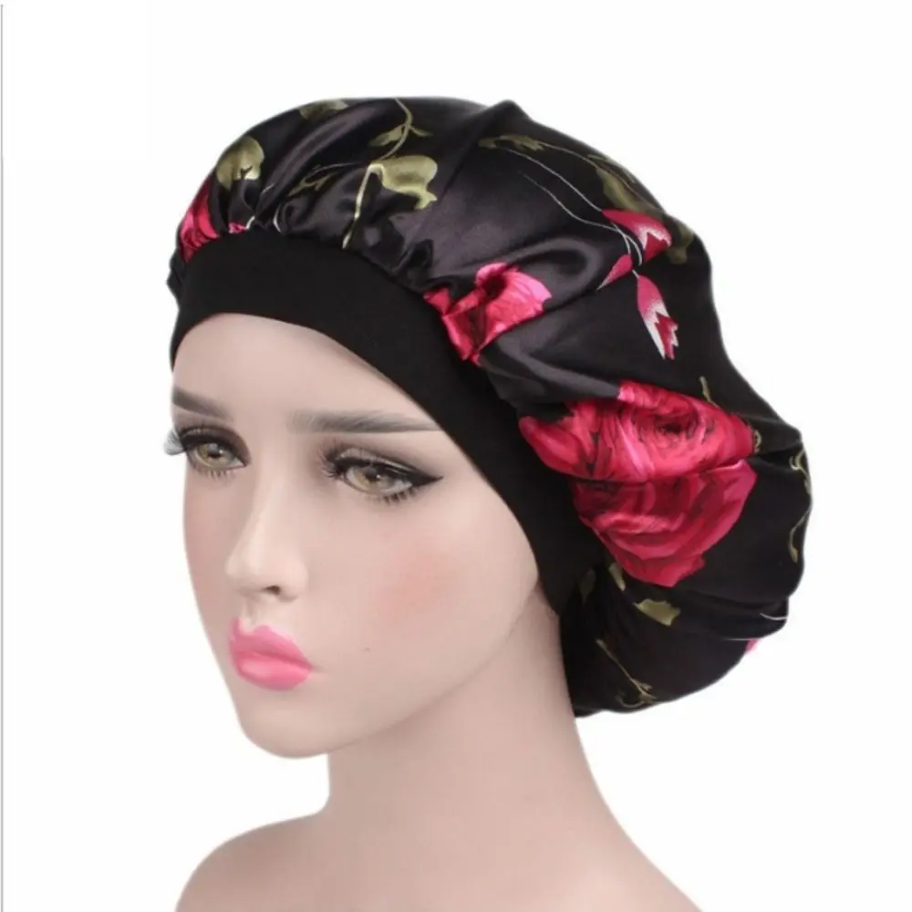 Floral Pattern Satin Sleep Bonnet Hair Loss Cover Elastic Wide Band Bath Hair Cap Head Wrap Islamic Turban Hat for Women & Men