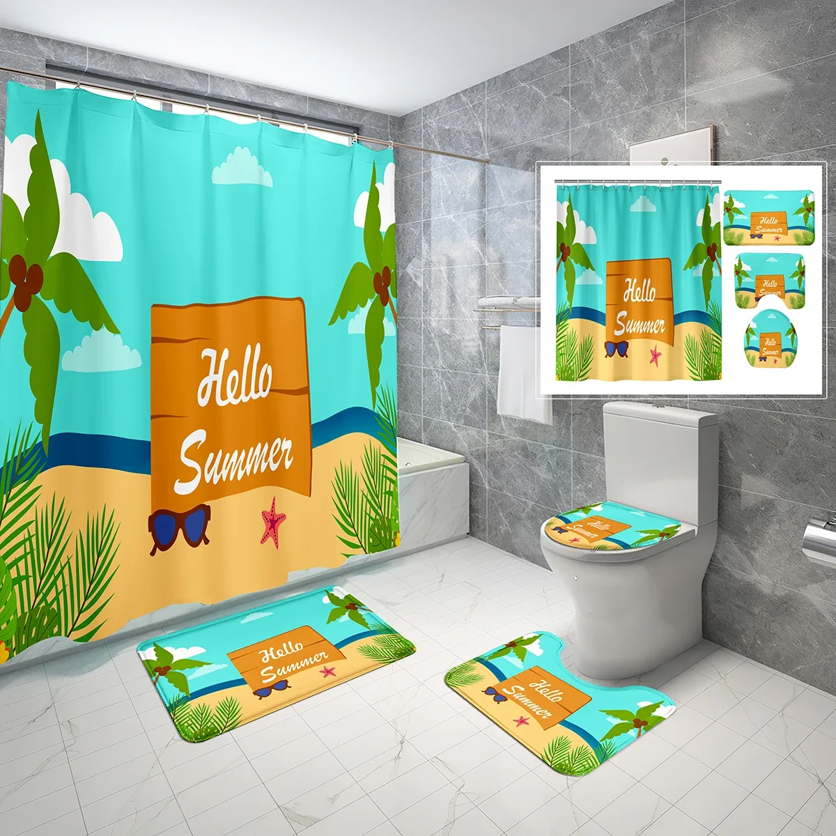 4 Pcs Summer Shower Curtain Sets with Toilet Lid Cover and Non-slip Bath Mat Tropical Beach Shell Waterproof Shower Curtain Set