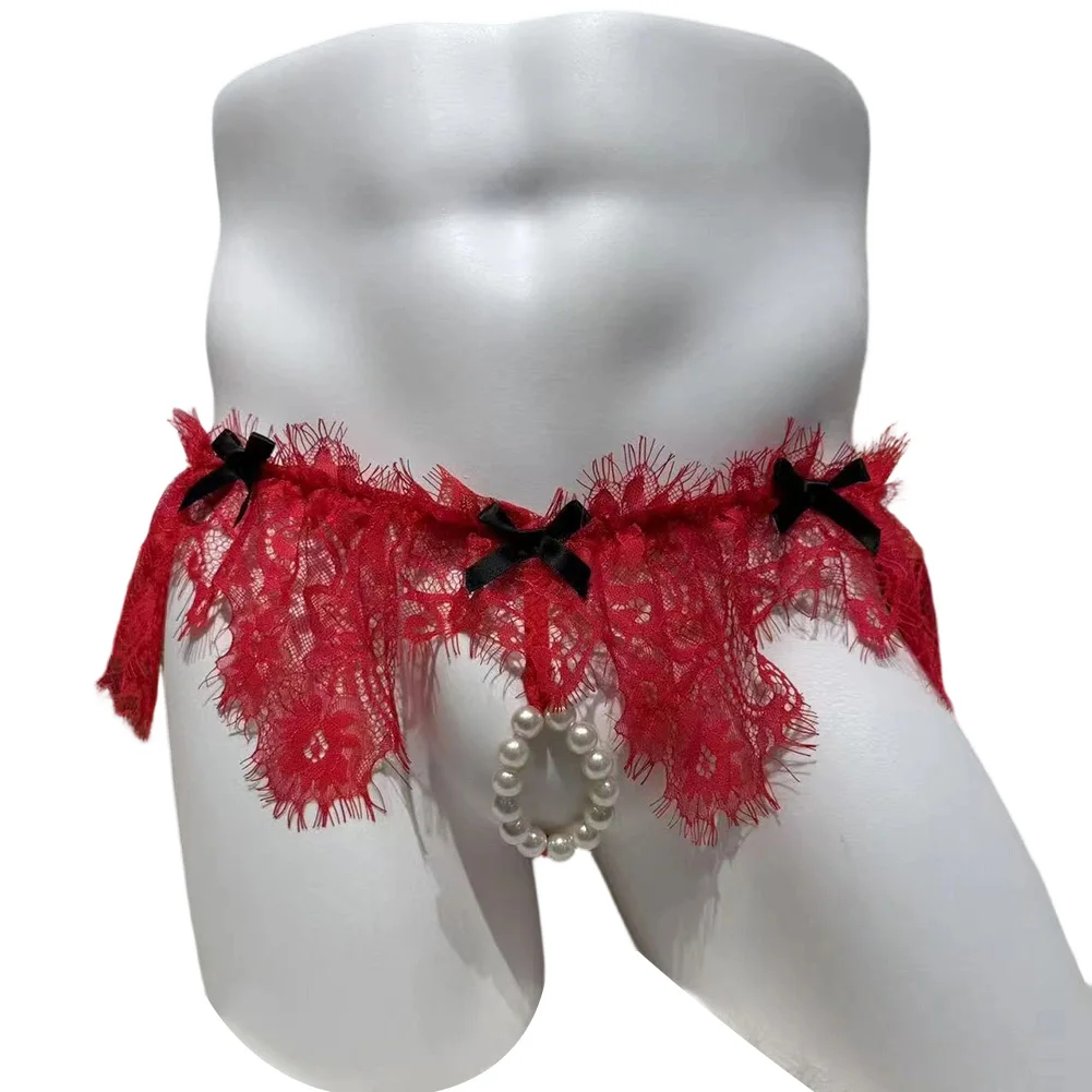 

Men Pearl Pouch Lace Edge T-Back Extreme Men's Panties Sissy G-string Underwear Hollow Exotic Lingeries Thong Men's Underpants