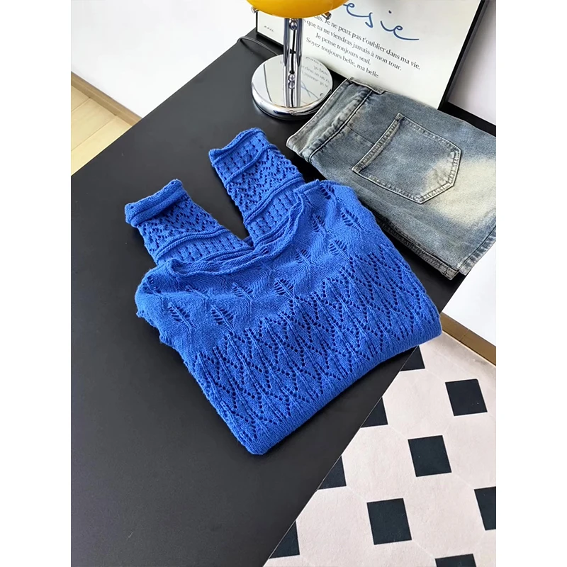 Ele 透かし編みニット ロングスリーブ レディース トップス ルーズフィット 快適 スリーク ブルー カジュアル 秋冬用