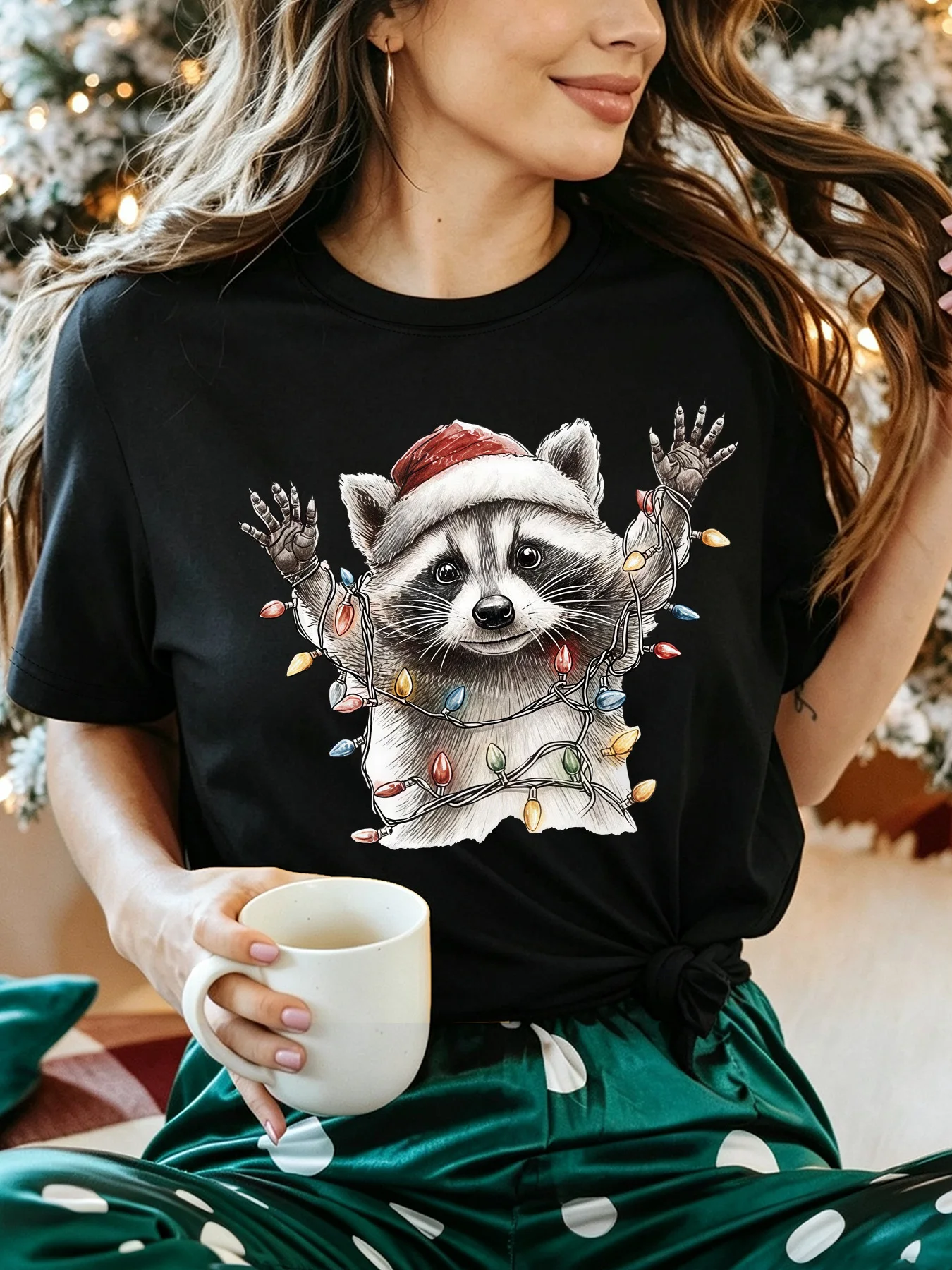 Holiday Xmas Womens T Shirt Funny Raccoon With Santa Hat Tangled Christmas Lights Print Short Sleeve O Neck Casual Daily Tops