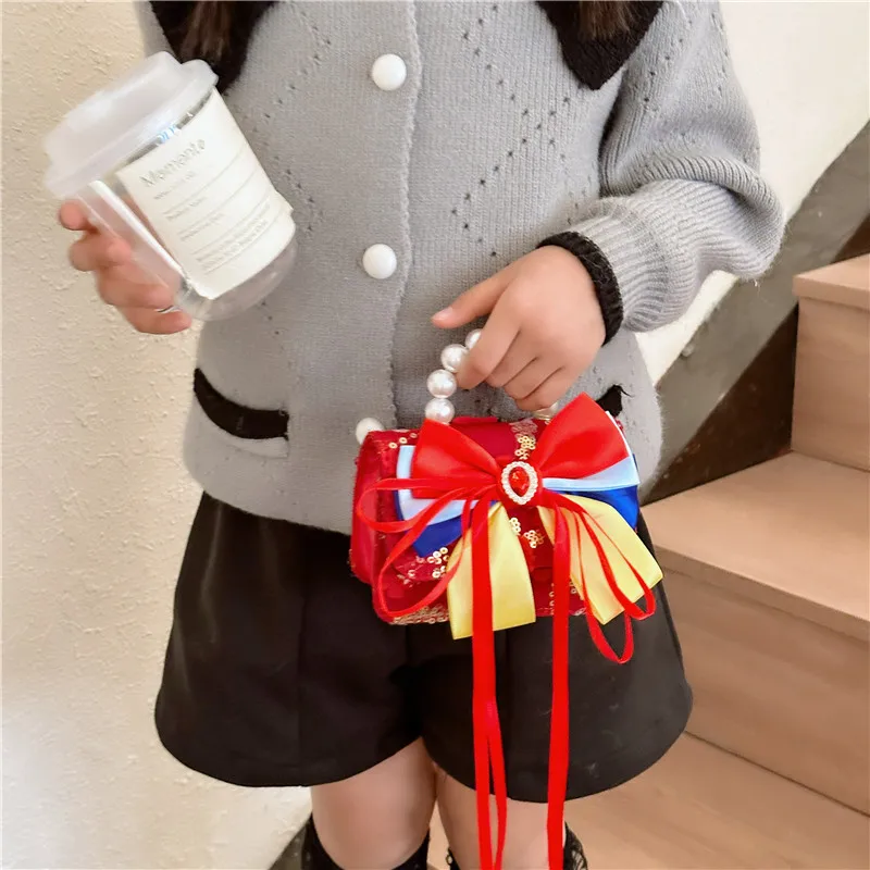 Fashion Design Bow Princess Children's Shoulder Bag Sweet Lace Cute Girl Messenger Bags Pearl Handle Children Change Purse Tote