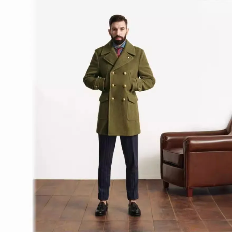 Autumn Winter Men Jacket Turn Down Collar Long Sleeve Male Overcoat Double-breasted Mid Length Business Casual Man Outerwear