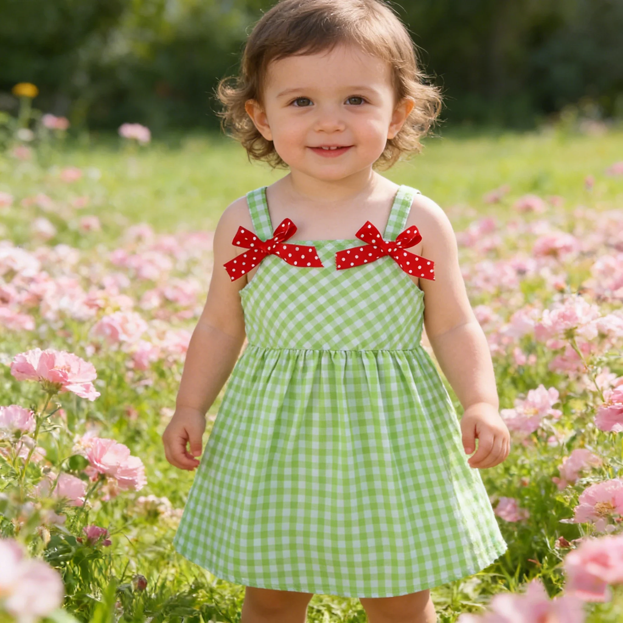 Summer Fresh Green Plaid Strap Dress Girls Sweet Butterfly Knot Princess Dress Children's Clothing Kids' Dresses