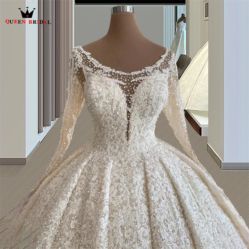 Custom Made Luxury 2023 Fashion Weddding Dresses Ball Gown Long Sleeve Tulle Lace Appliques Crystal Pearls Bridal Gowns SD34