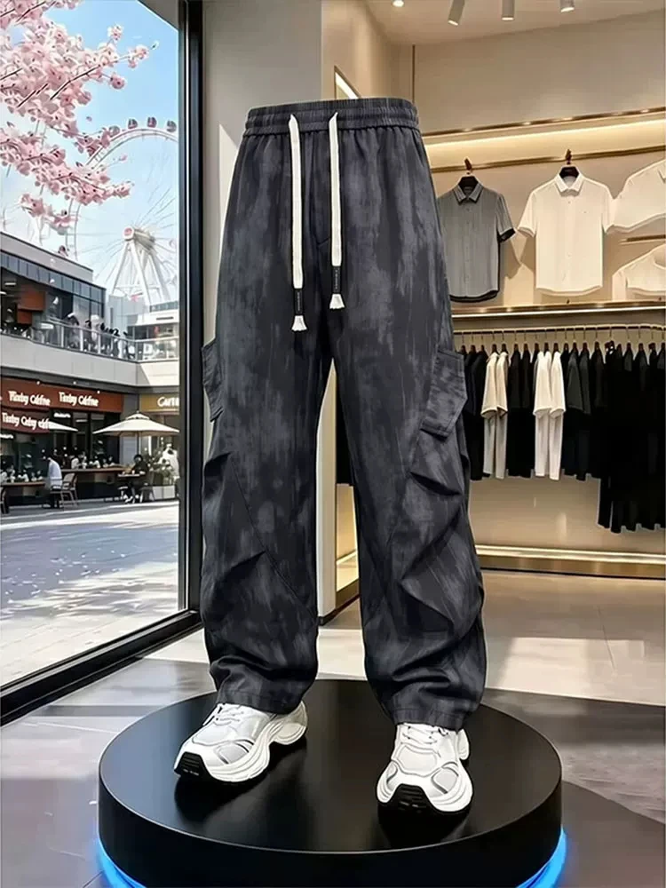 Black Pleated Dyed Ice Silk Men's Summer Thin American Paratrooper Work Pants Wide Leg Casual Long Trousers
