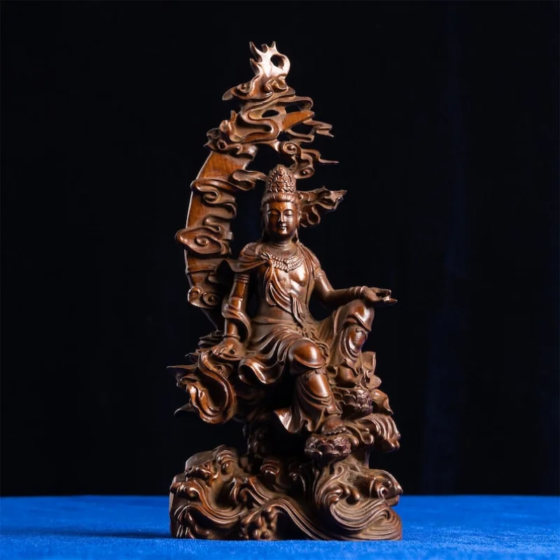 Elegant Wood-Finished Water and Moon Sculpture, Kuan Yin Sculpture, Exemplifying Classical, Handicraft,Exclusive Brown Wood