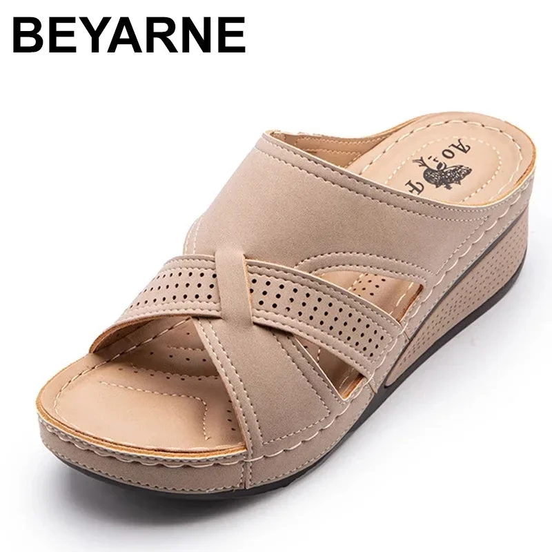 BEYARNENew  Summer Shoes Woman Outer Wear Non-slip Plus Size Wedge Retro Breathable Hollow Women Slippers Beach Ladies Slide