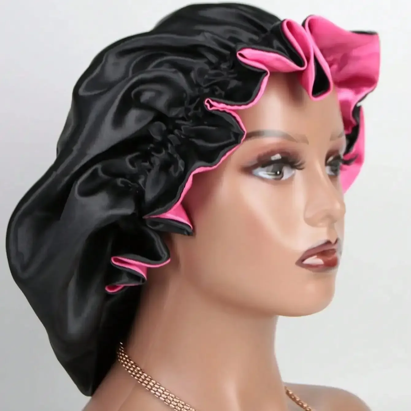 1 Stück Zweifarbige Satin-Schlafmütze Seidenbonnet Doppellagige Wendbare Haarkappe für Frauen mit Langen Lockigen Haaren – Detail 2
