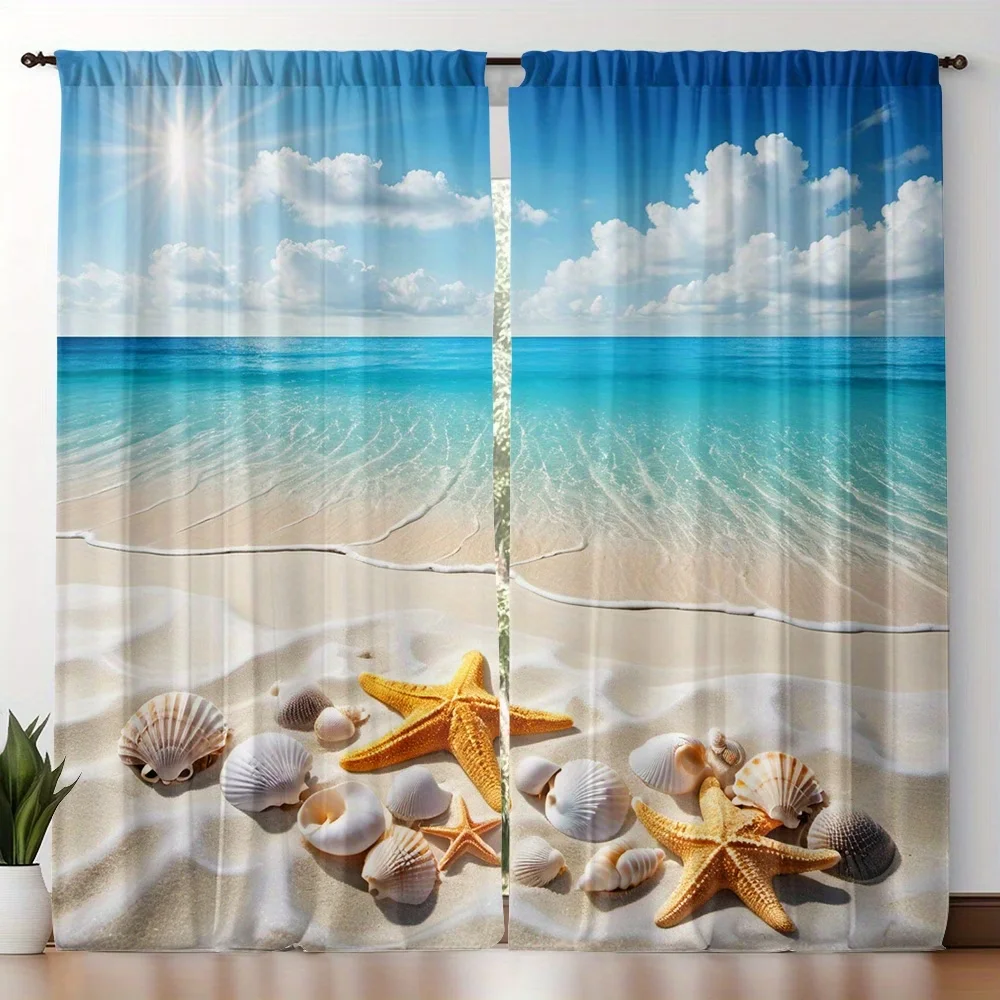 2PCS Digital Printed Curtains, Conch Shell Beach Nautical Ocean Collection, Window Drapes for Living Room Bedroom Home Decor