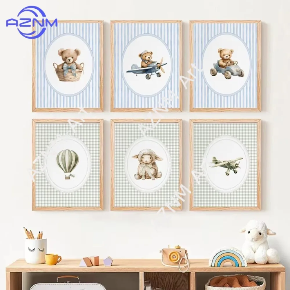 1 Stück/6 Stück Vintage Heißluftballon Baby Schaf Kuh Teddybär Flugzeug Poster Leinwanddruck Wandkunst Salbeigrün für Kinderzimmer Dekoration