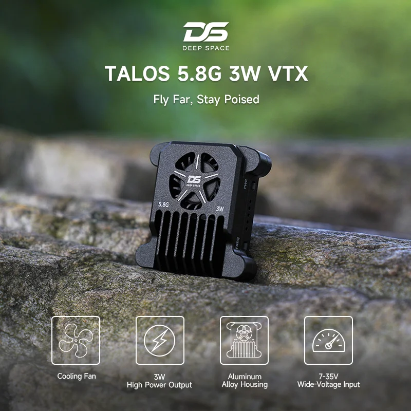 DeepSpace 5.8GHz 3W FPV VTX 48CH Video Transmitter CNC Shell Built‑in Mic Cooling Fan For RC Long‑Range Quadcopter Drone Frame