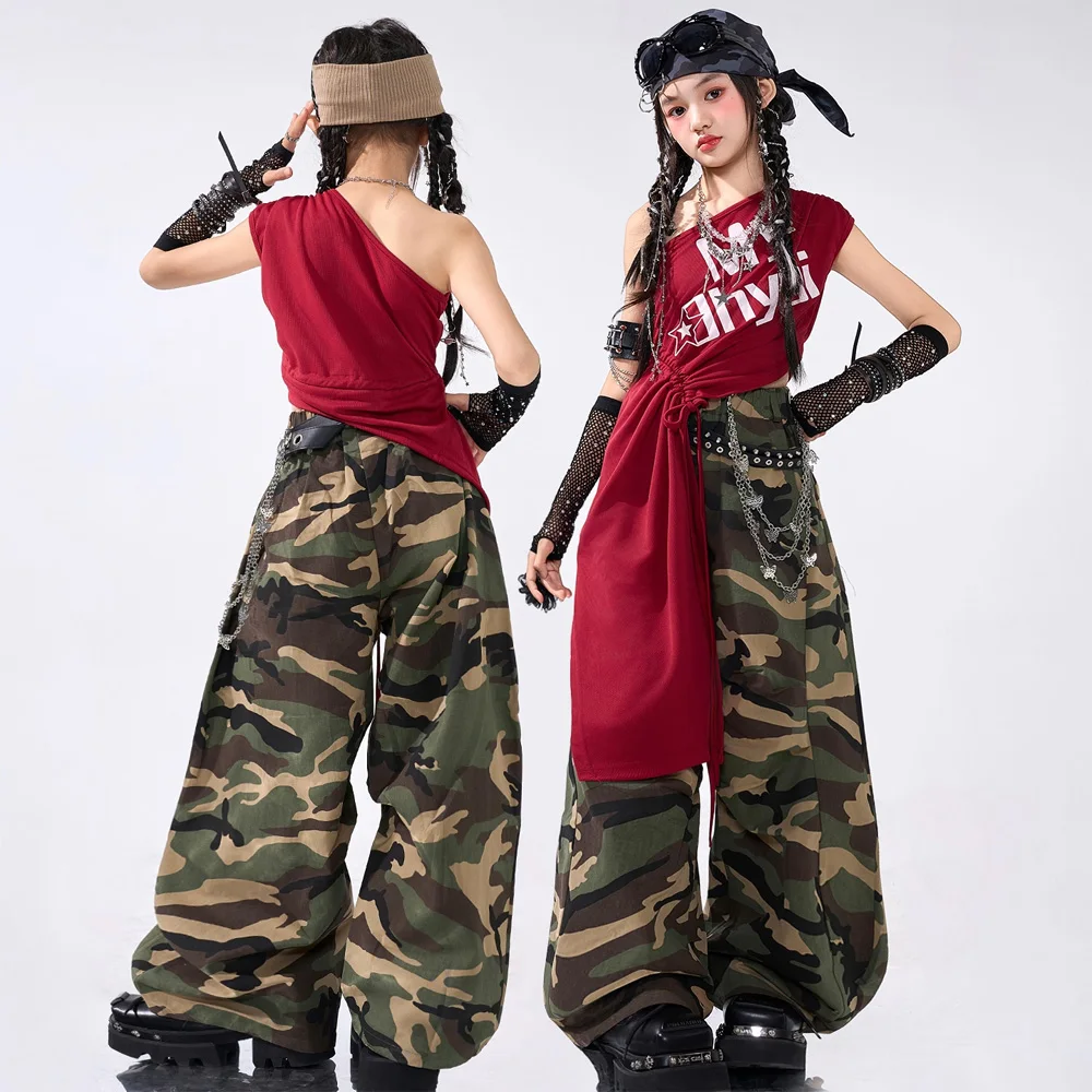 

Одежда для танцев K-pop для девочек, укороченный топ с открытыми плечами, камуфляжные брюки-карго, уличная одежда в стиле хип-хоп, костюм для девочек, групповой комплект для джазовых танцев