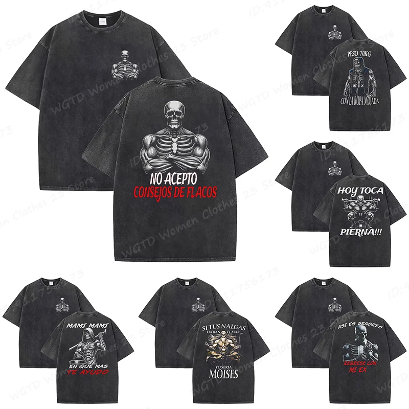 Calacas Chidas Gym Washed T-Shirts Men's Trendy Cool Skeleton & Gym Print Oversized Tshirt Summer Tees Streetwear Casual Tops