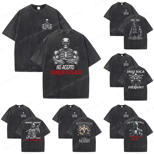 Imagen 1 del producto Calacas Chidas-camisetas lavadas para gimnasio para hombre, camiseta de gran tamaño con estampado de esqueleto y gimnasio, camisetas de verano, ropa de calle, Tops informales