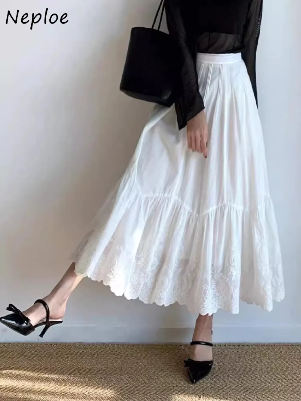 

Neploe Sweet Korea A-line, новые Faldas с высокой талией, маленькие, желтые, средней длины, кружевные, в стиле пэчворк, Mujer Falda, зонтик, элегантные юбки-торты